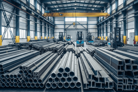 Steel warehouse interior with stacked steel beams, pipes and forklifts under overhead cranes, bright industrial lighting