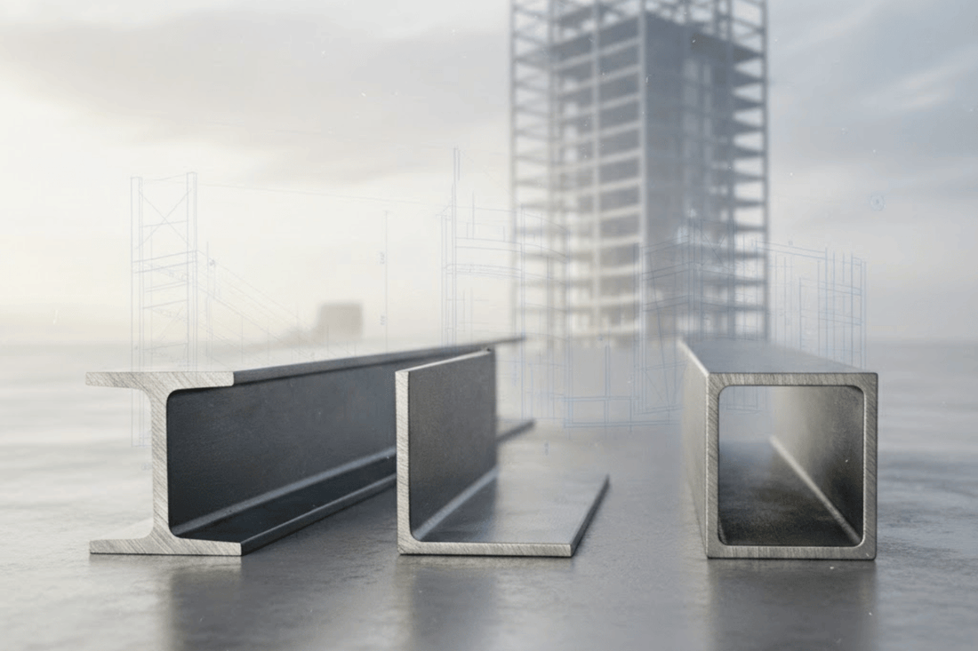 Three steel profiles (I-beam, L-angle, square tube) on a reflective surface with a blurred building framework and blueprints