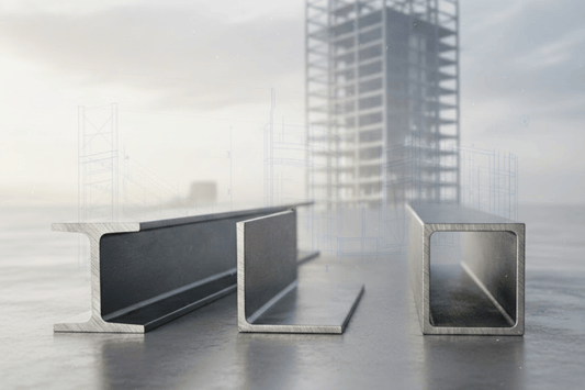 Three steel profiles (I-beam, L-angle, square tube) on a reflective surface with a blurred building framework and blueprints