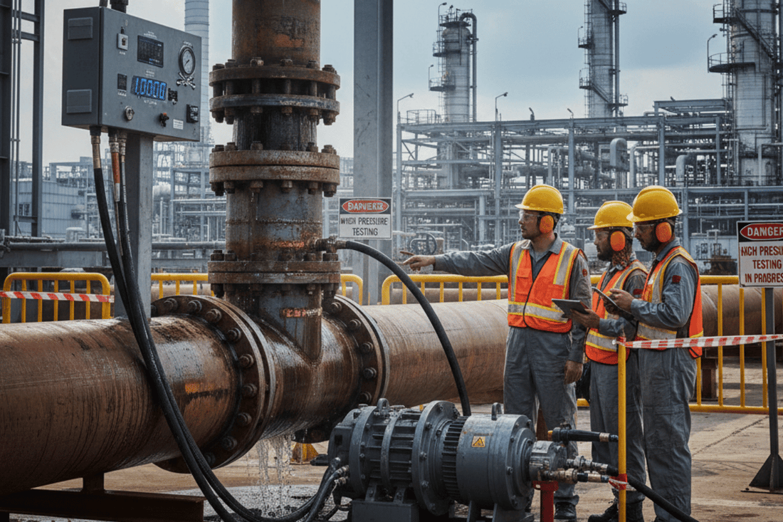 Three workers in hard hats and safety vests inspect large industrial piping and a pressure-testing pump