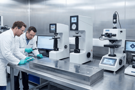 Two lab technicians in white coats and gloves inspect metal samples on a bench amid hardness testers and microscopy equipment