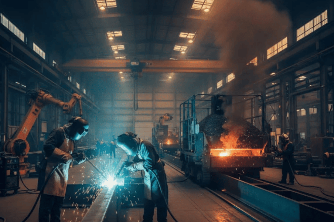 Two welders in protective gear sparks flying as they weld a steel beam inside a large, dimly lit industrial foundry