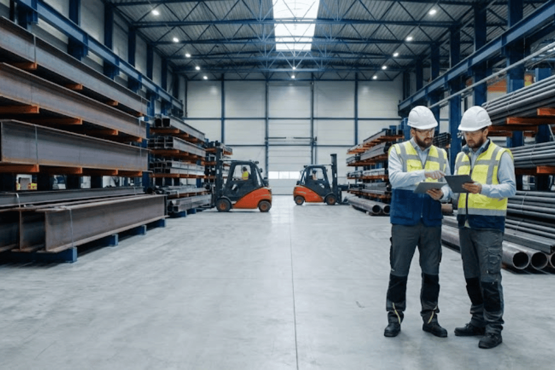 Two workers in safety gear review plans in a large warehouse filled with stacked steel beams, pipes, and forklifts