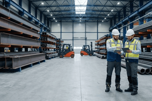 Two workers in safety gear review plans in a large warehouse filled with stacked steel beams, pipes, and forklifts