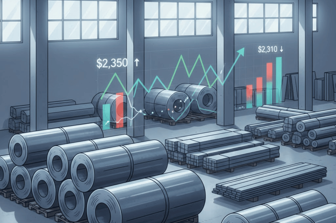 Warehouse filled with stacked steel coils and sheets, overlaid with glowing price charts and rising green and red stock indicators
