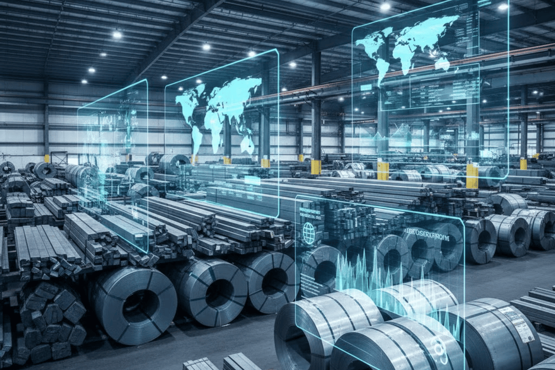 Warehouse storing steel coils and beams with translucent digital data overlays showing global maps and analytics, smart manufacturing