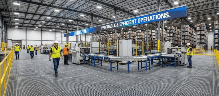 Warehouse workers in high-visibility vests and hard hats walking and operating conveyors amid tall pallet racks
