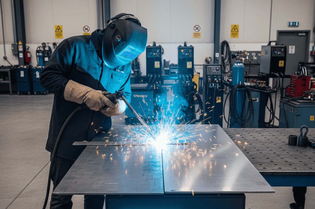 Welder in protective gear sparks bright blue welding on a metal table inside an industrial workshop, machines and gas cylinders nearby.