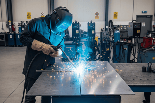 Welder in protective gear sparks bright blue welding on a metal table inside an industrial workshop, machines and gas cylinders nearby.