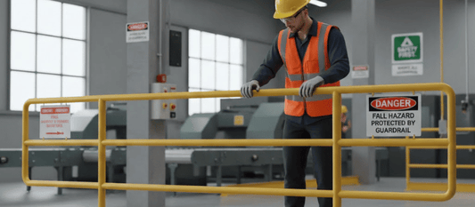 Worker in hard hat and orange vest leaning on yellow guardrail inside a large industrial workshop with machinery and safety signs