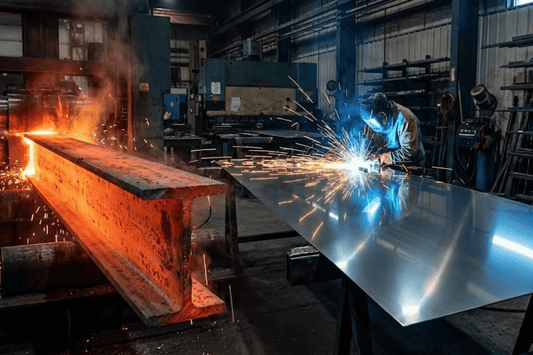 Worker in protective gear welding a shiny steel plate while molten I-beam glows orange in an industrial metal workshop, sparks flying
