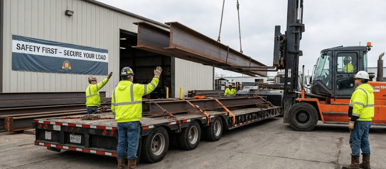 Workers in high-visibility jackets guide a forklift placing large steel beams onto a flatbed trailer outside a warehouse