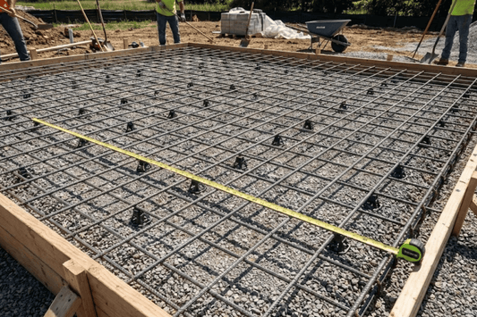 Workers preparing a rebar grid over gravel inside wooden formwork for a concrete slab, with a measuring tape across