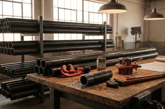Workshop table with steel pipes, pipe cutter, wrench, threading tool, cutting oil can and blueprints under hanging lights