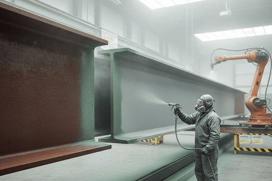 industrial facility interior showing large steel structural beams being coated with protective layers
