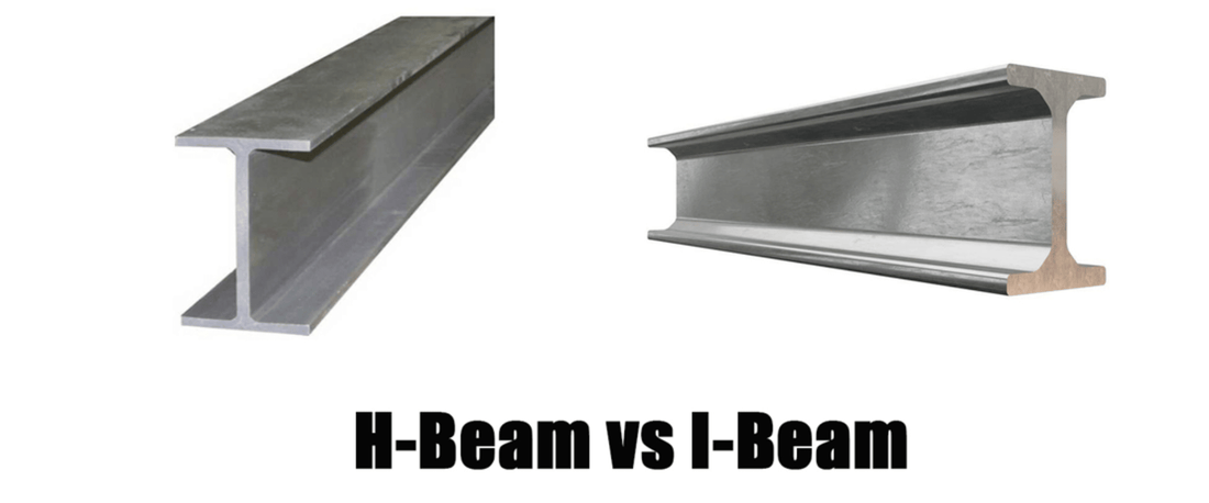 wide-flanged H-beam and right: narrower I-beam in silver steel, side-by-side with caption “H-Beam vs I-Beam