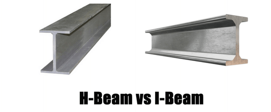 wide-flanged H-beam and right: narrower I-beam in silver steel, side-by-side with caption “H-Beam vs I-Beam