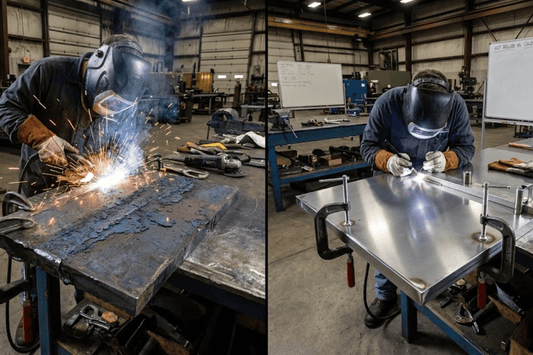 welder in protective gear sparks while grinding a metal plate; right: same worker TIG welding a shiny metal panel in a workshop