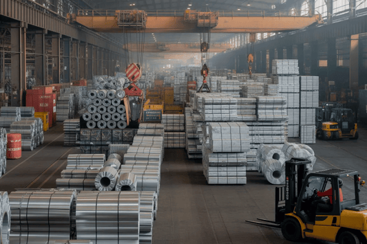 wholesale and retail steel pricing — on the left, a large steel manufacturing warehouse