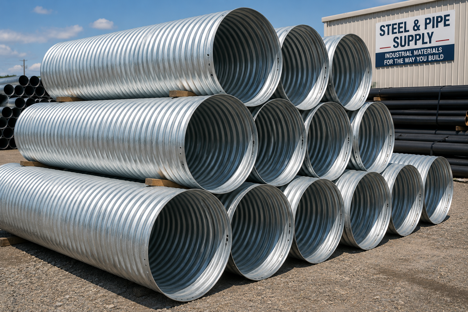 Large corrugated steel culvert pipes stacked in an industrial supply yard outside a steel and pipe warehouse facility.