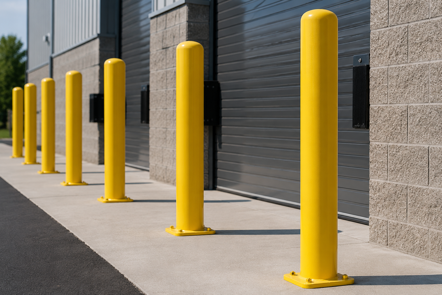 Heavy-duty yellow steel pipe bollards installed outside an industrial warehouse loading dock for commercial vehicle and building protection.